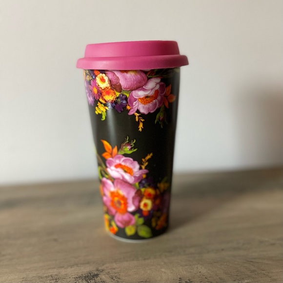 MacKenzie-Childs Black Flower Market Travel Cup FREE SHIPPING - Picture 2 of 5